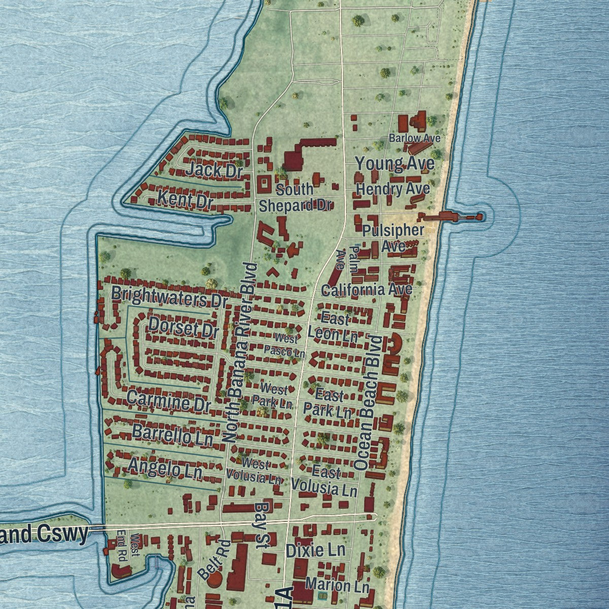 Close-up 2 of the Cocoa Beach, Florida map artwork