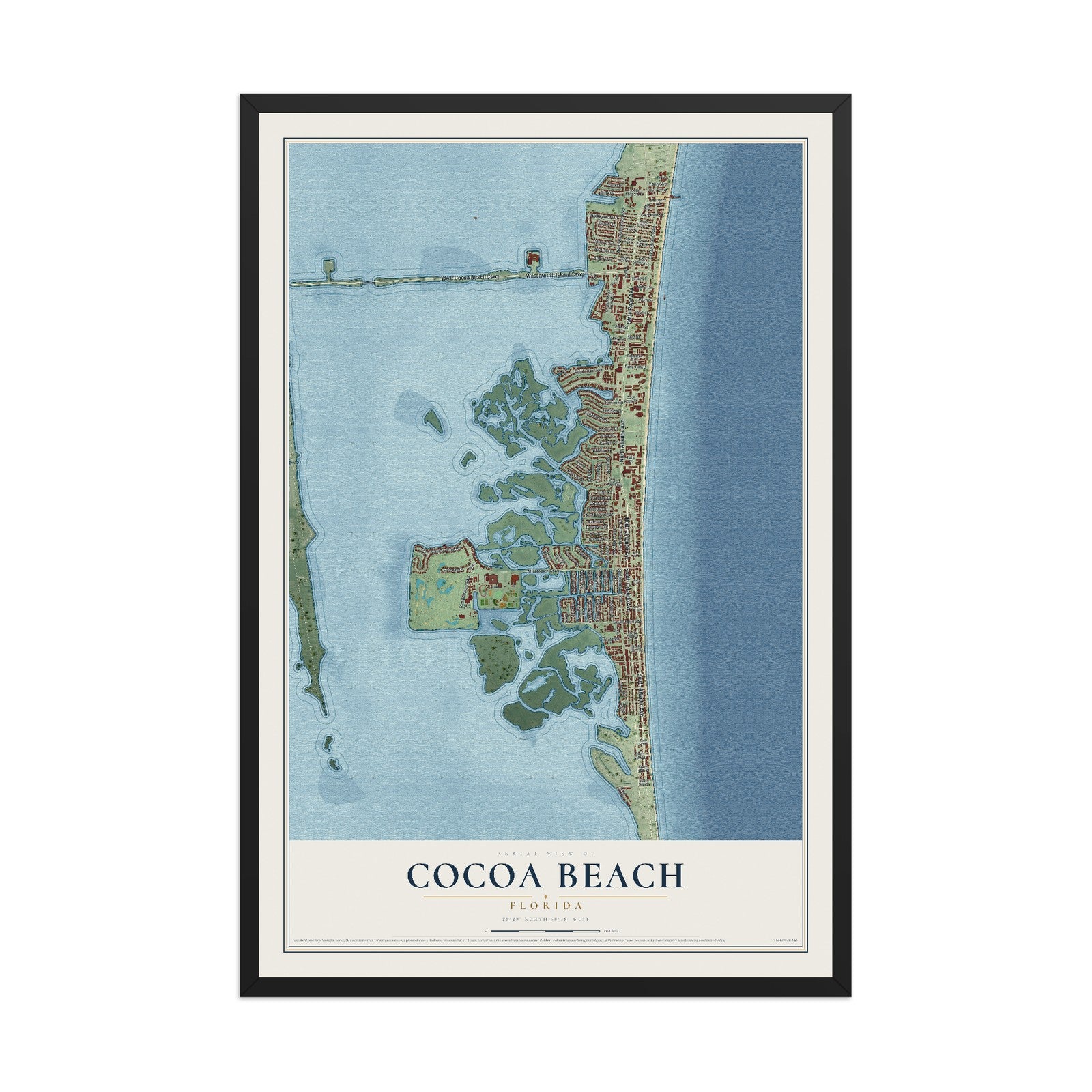 Cocoa Beach, Florida map print, 12" x 18" W/ Black Ayous Wood Frame mockup