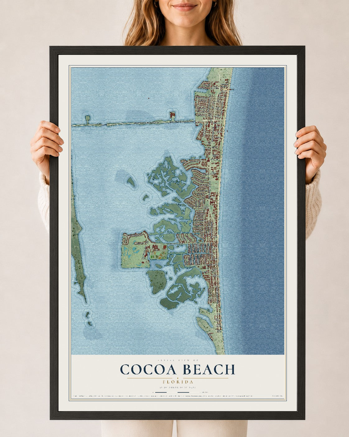 Cocoa Beach, Florida map print, 24" x 36" W/ Black Ayous Wood Frame mockup