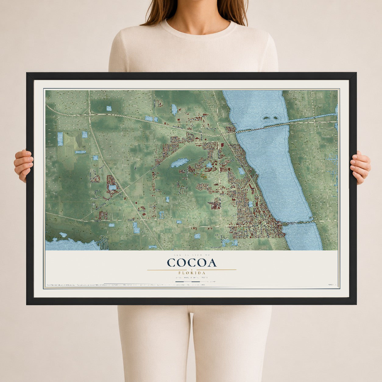 Cocoa, Florida map print, 24" x 36" W/ Black Ayous Wood Frame mockup