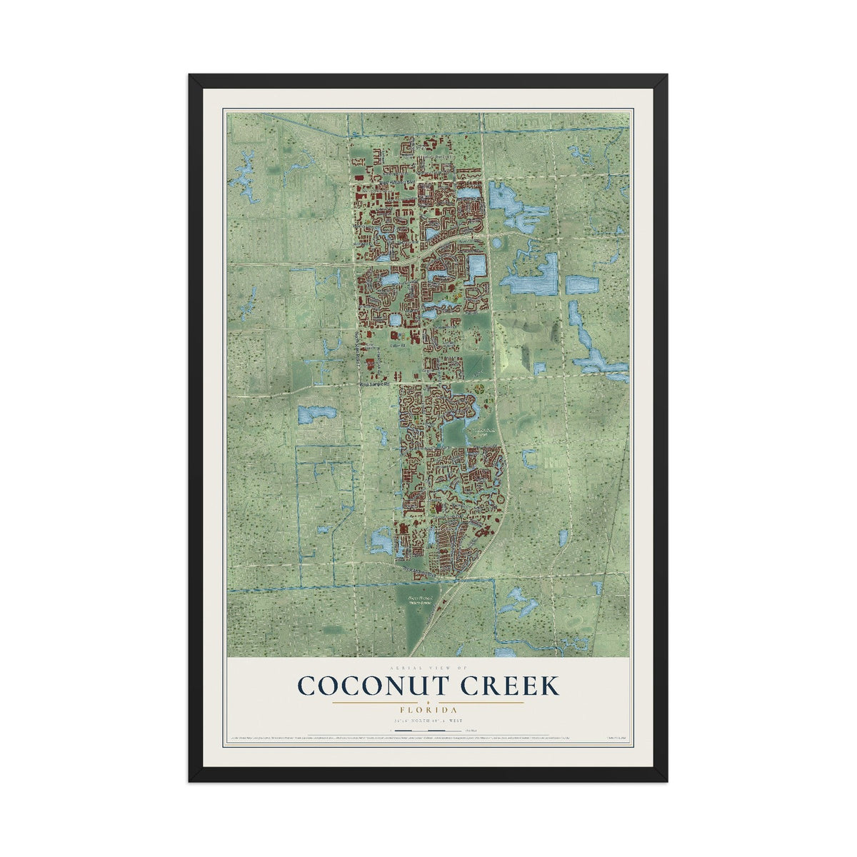 Coconut Creek, Florida map print, 12" x 18" W/ Black Ayous Wood Frame mockup