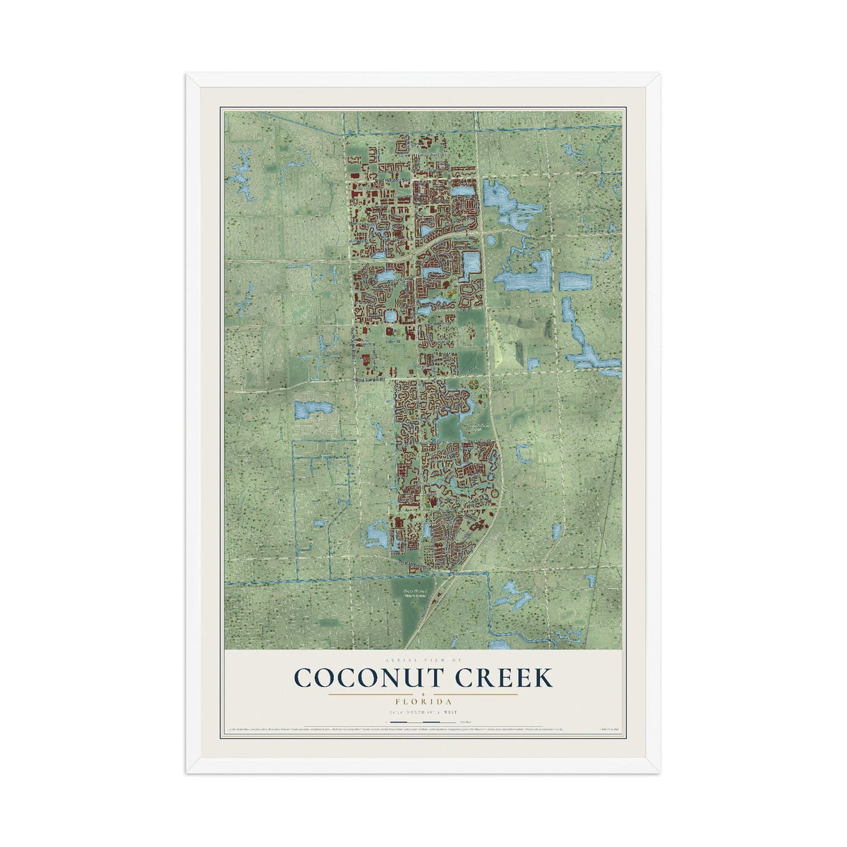 Coconut Creek, Florida map print, 12" x 18" W/ White Ayous Wood Frame mockup