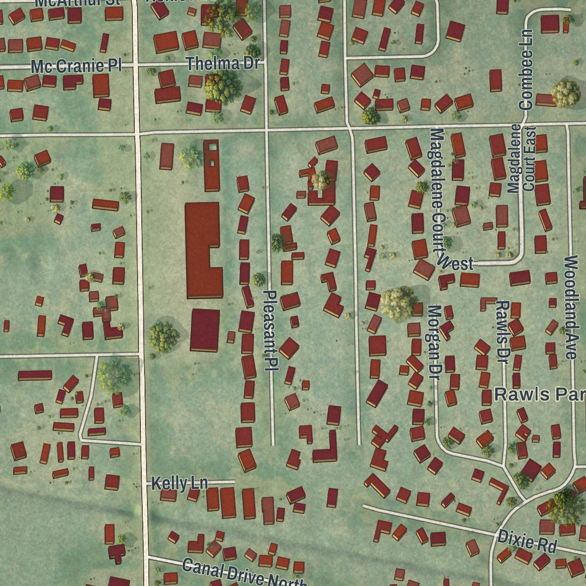 Close-up of the map of Combee Settlement, Florida print showing street and building detail