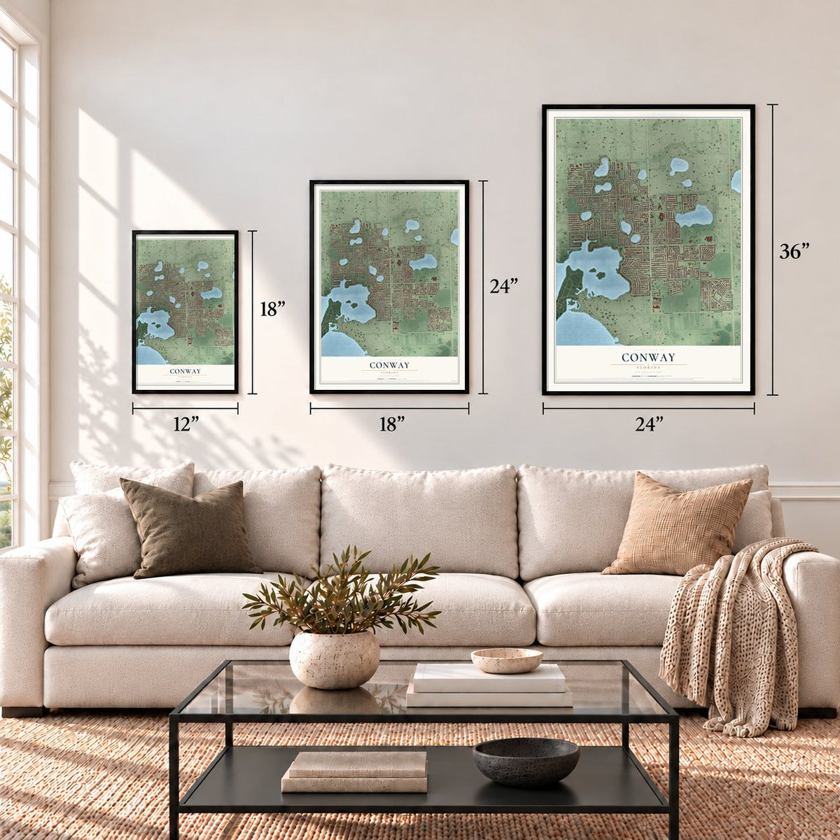 Conway, Florida map in 12 x 18, 18 x 24 and 24 x 36 inch sizes above a sofa