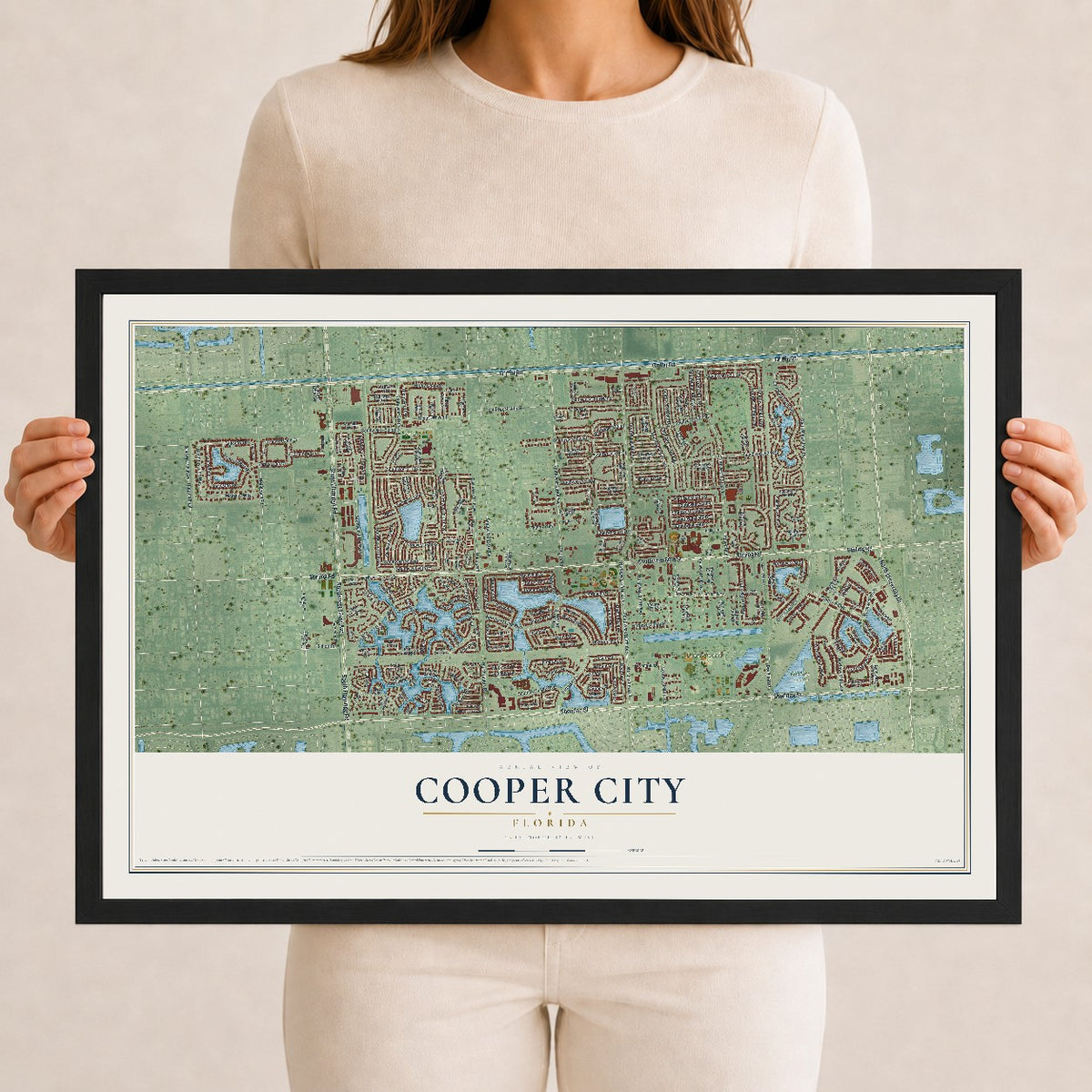Cooper City, Florida map print, 12" x 18" W/ Black Ayous Wood Frame mockup