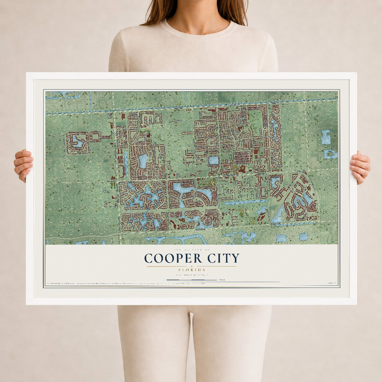 Cooper City, Florida map print, 24" x 36" W/ White Ayous Wood Frame mockup