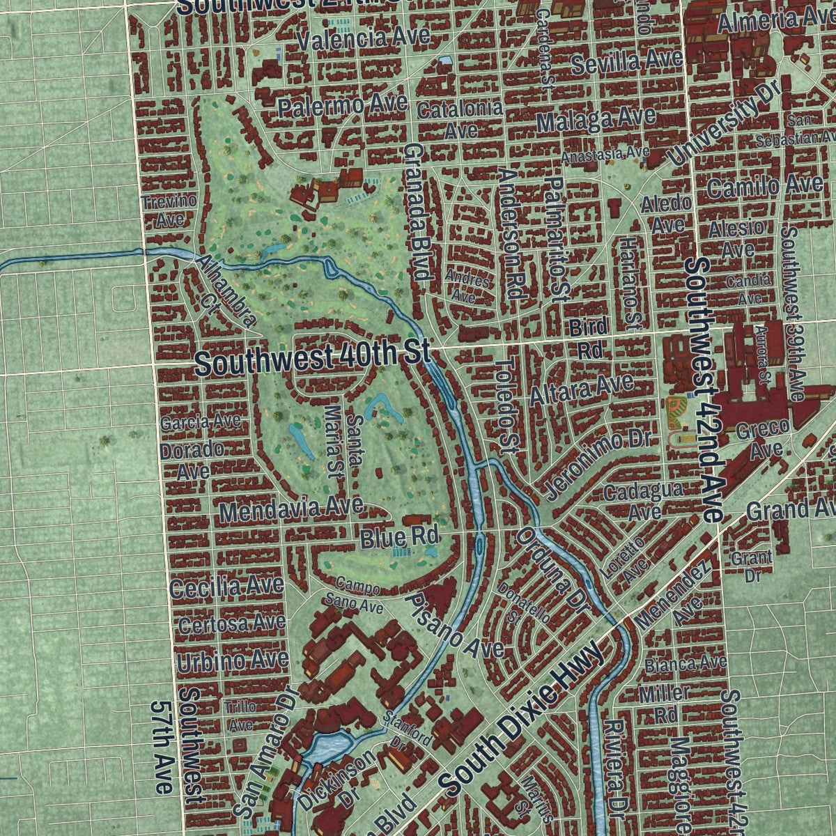 Close-up 1 of the Coral Gables, Florida map artwork