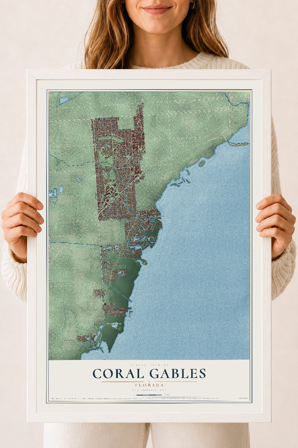 Coral Gables, Florida map print, 18" x 24" W/ White Ayous Wood Frame mockup