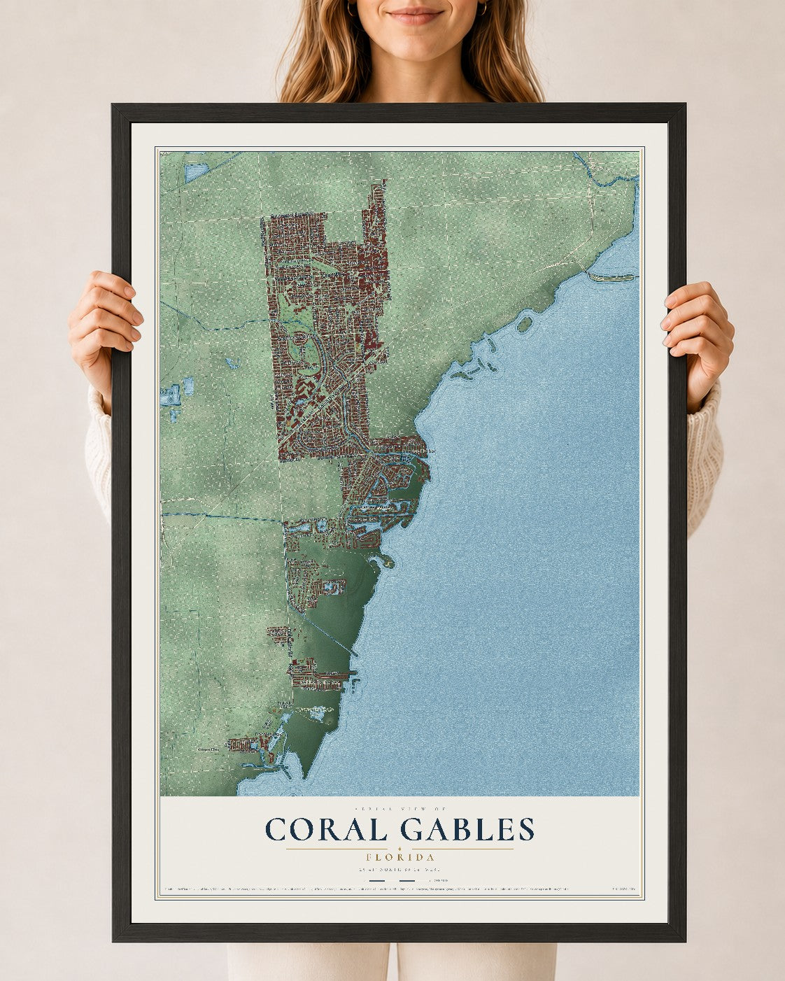 Coral Gables, Florida map print, 24" x 36" W/ Black Ayous Wood Frame mockup