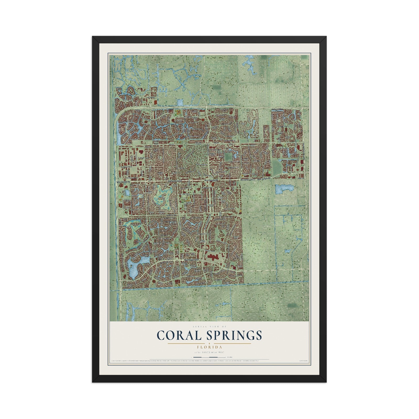Coral Springs, Florida map print, 12" x 18" W/ Black Ayous Wood Frame mockup
