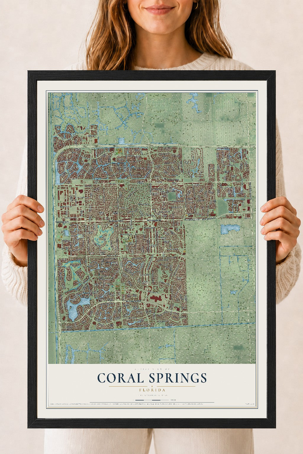 Coral Springs, Florida map print, 18" x 24" W/ Black Ayous Wood Frame mockup