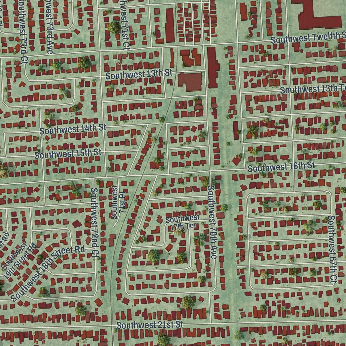 Close-up of the map of Coral Terrace, Florida print showing street and building detail