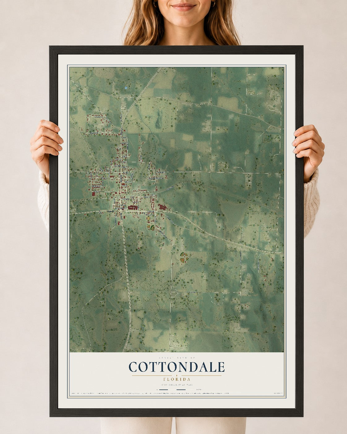 Cottondale, Florida map print, 24" x 36" W/ Black Ayous Wood Frame mockup