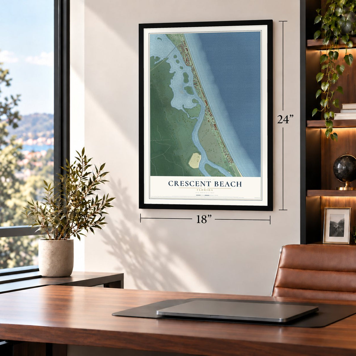 Crescent Beach, Florida map, 18 x 24 inch print in a black frame in a home office