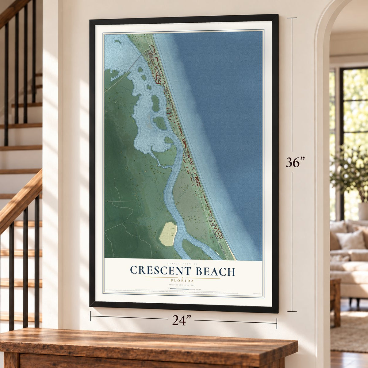 Crescent Beach, Florida map, 24 x 36 inch print in a black frame by a staircase
