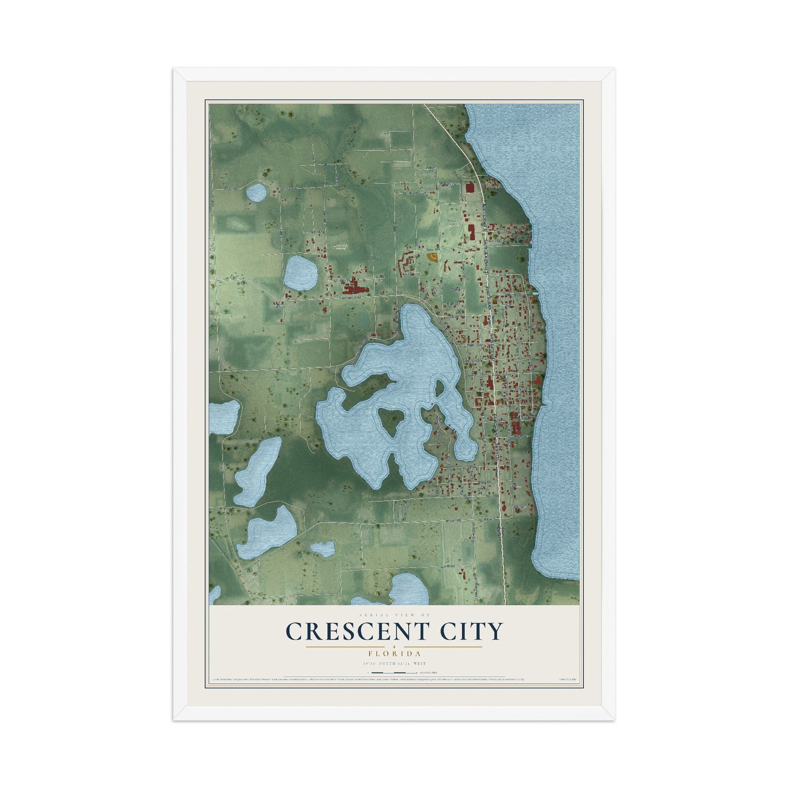 Crescent City, Florida map print, 12" x 18" W/ White Ayous Wood Frame mockup