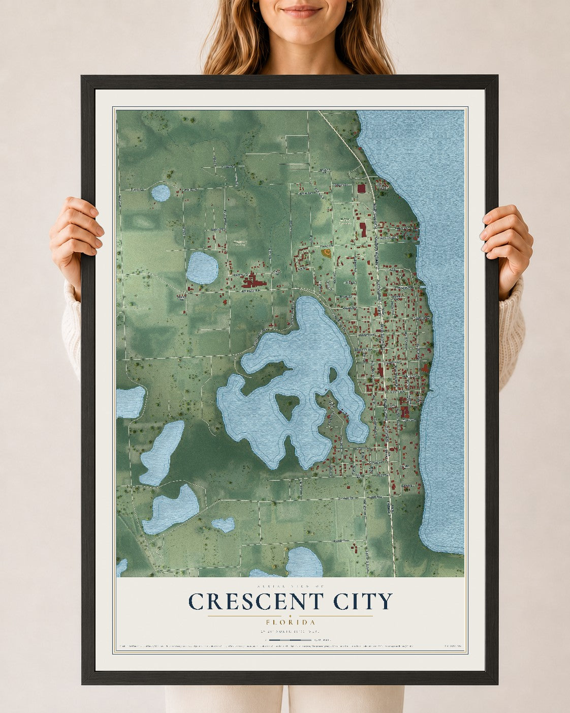 Crescent City, Florida map print, 24" x 36" W/ Black Ayous Wood Frame mockup