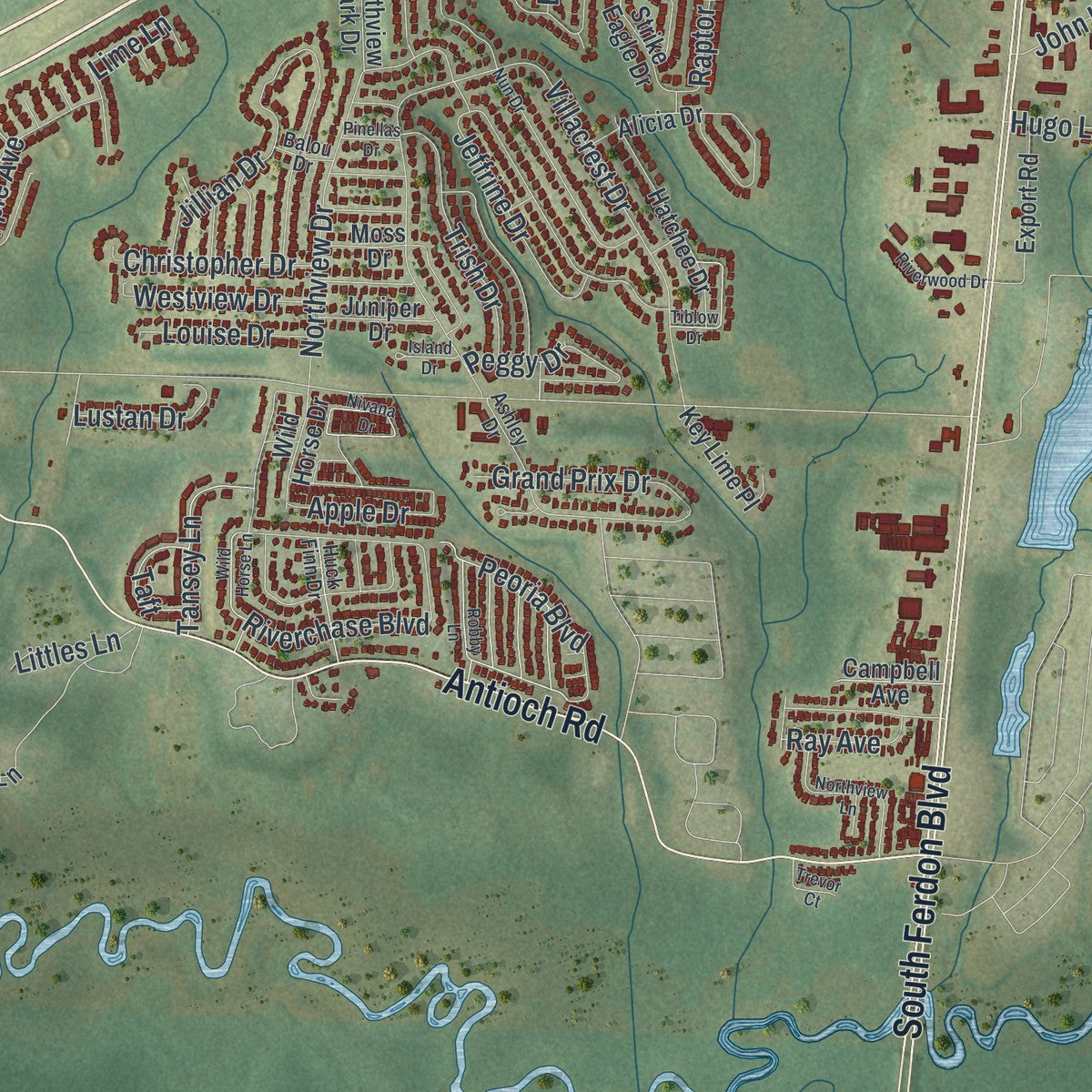 Close-up 2 of the Crestview, Florida map artwork