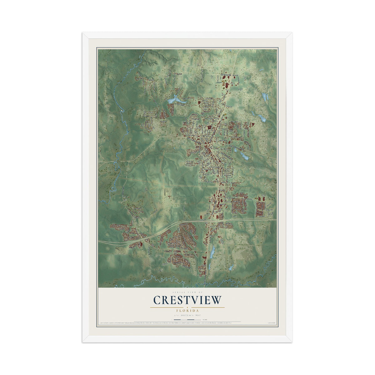 Crestview, Florida map print, 12" x 18" W/ White Ayous Wood Frame mockup
