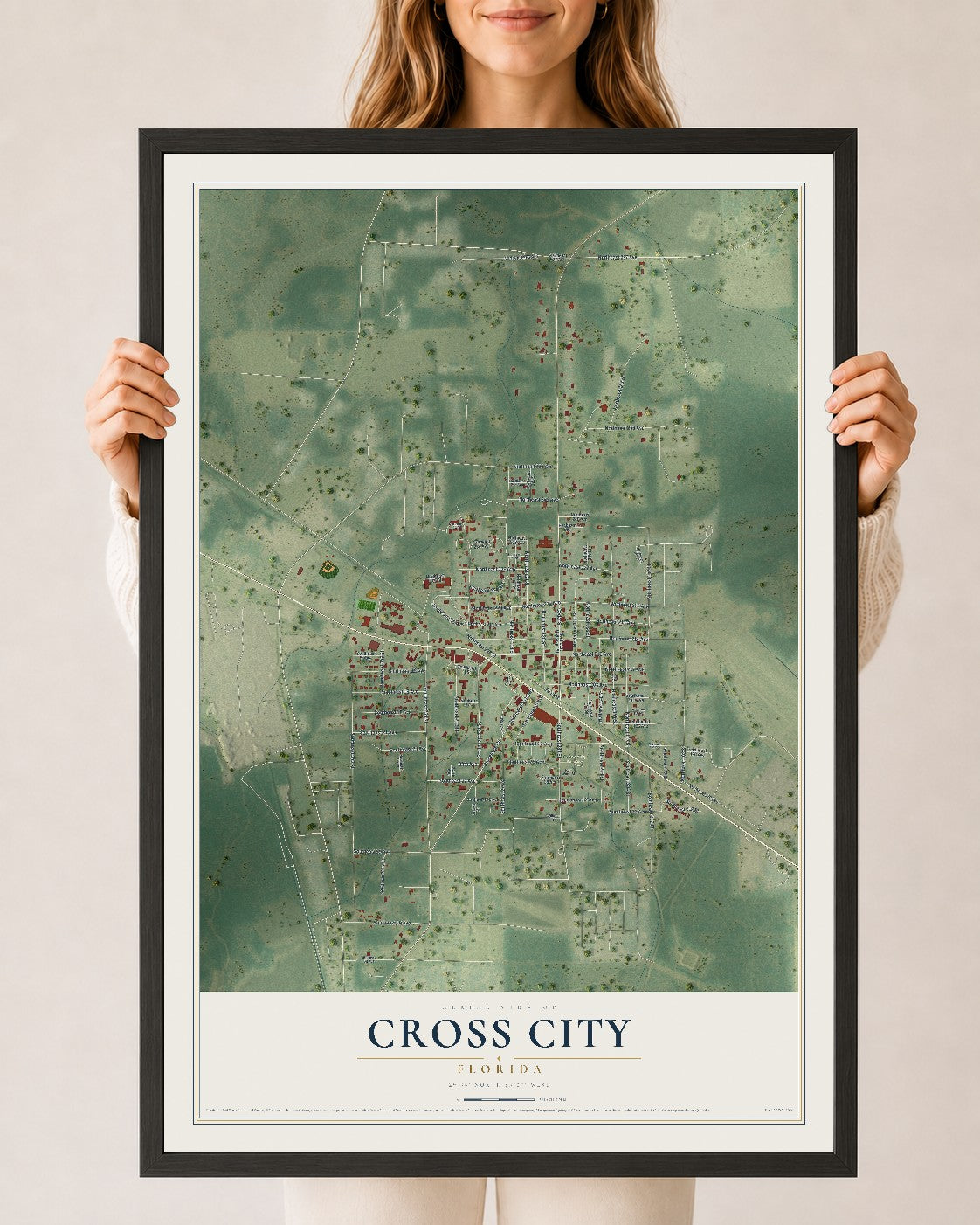 Cross City, Florida map print, 24" x 36" W/ Black Ayous Wood Frame mockup