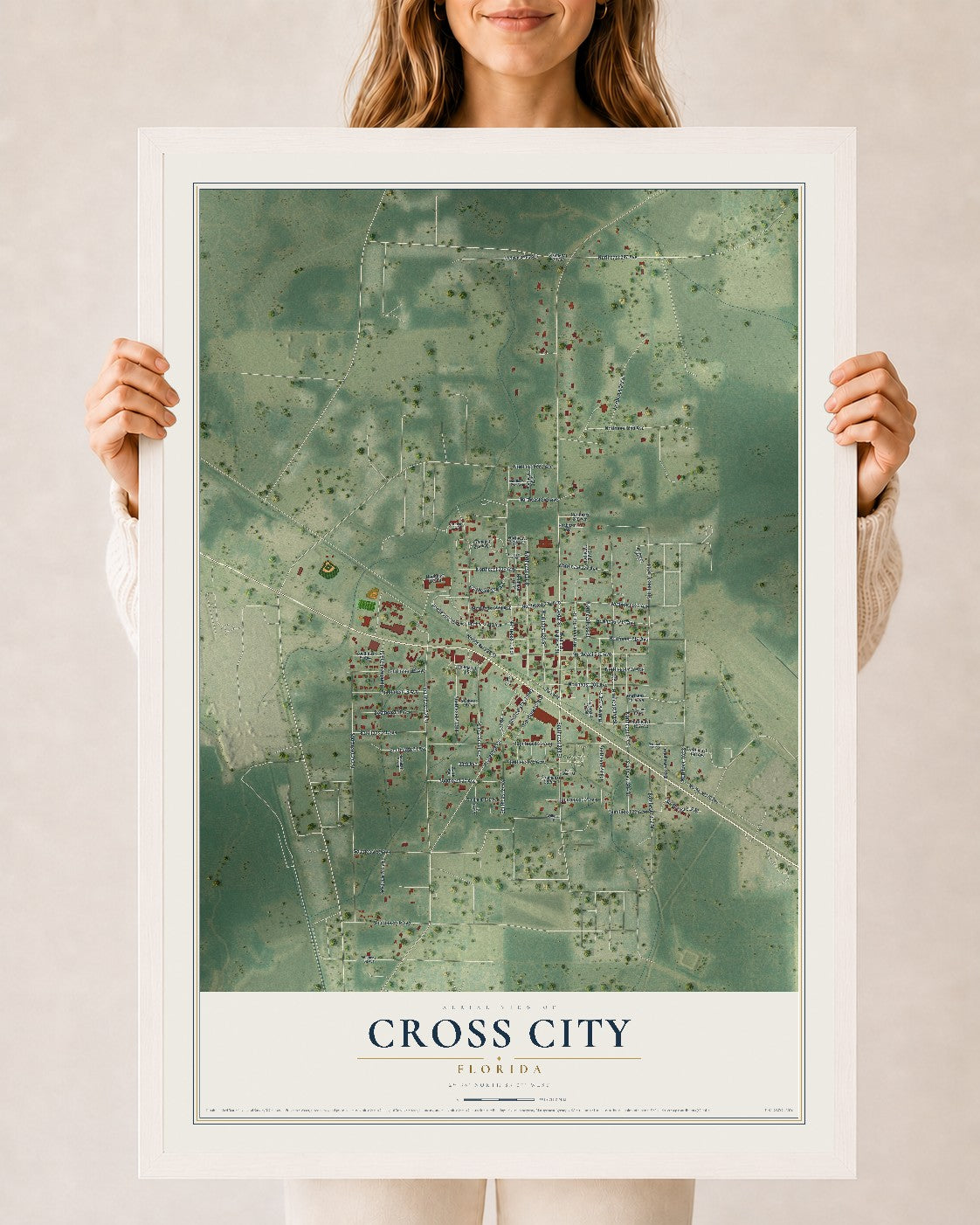 Cross City, Florida map print, 24" x 36" W/ White Ayous Wood Frame mockup
