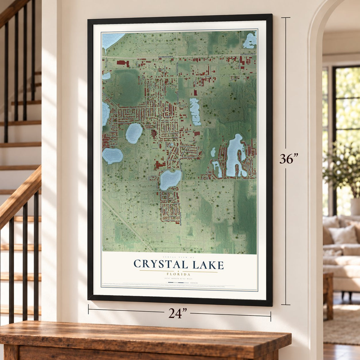 Crystal Lake, Florida map, 24 x 36 inch print in a black frame by a staircase