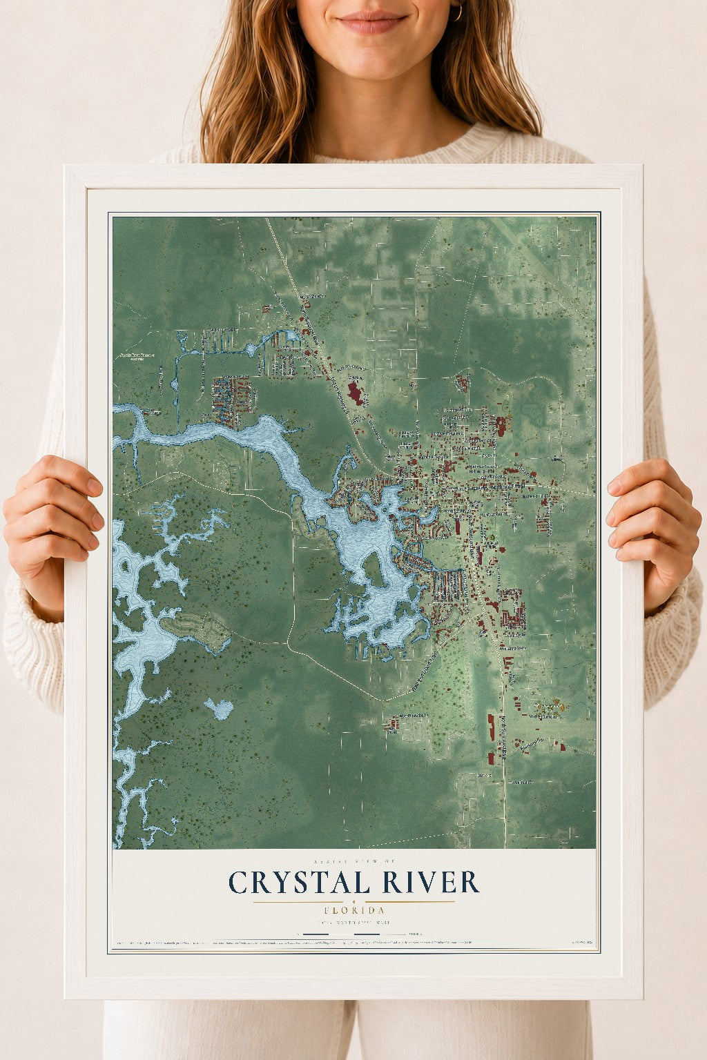 Crystal River, Florida map print, 18" x 24" W/ White Ayous Wood Frame mockup