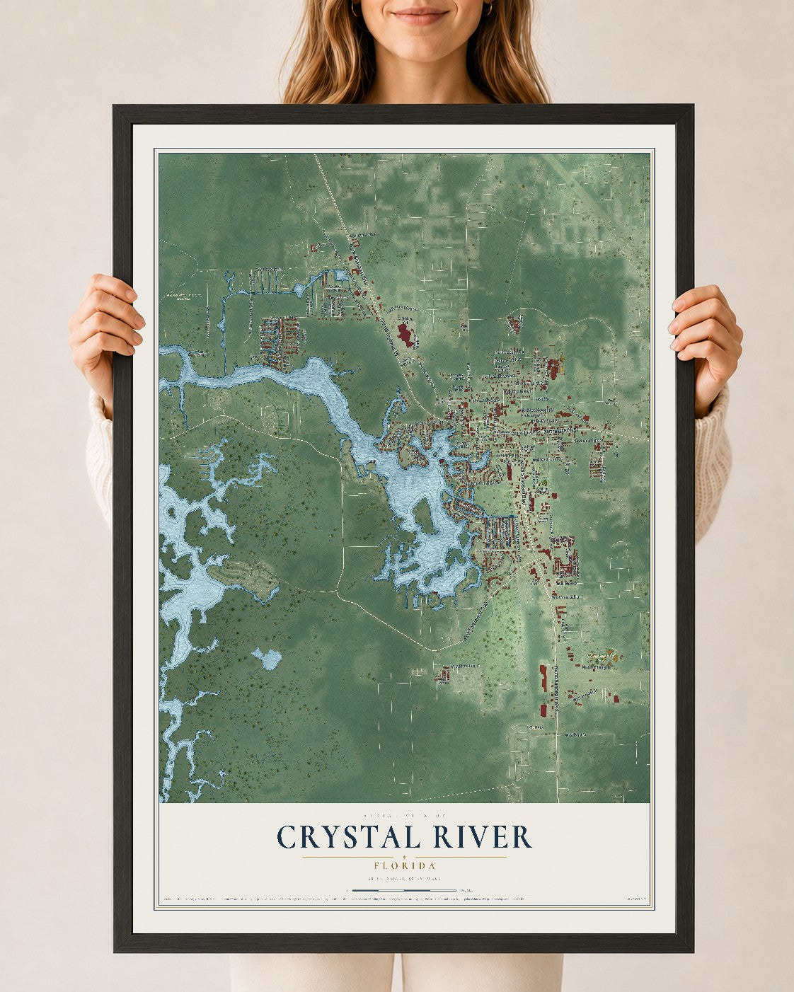 Crystal River, Florida map print, 24" x 36" W/ Black Ayous Wood Frame mockup