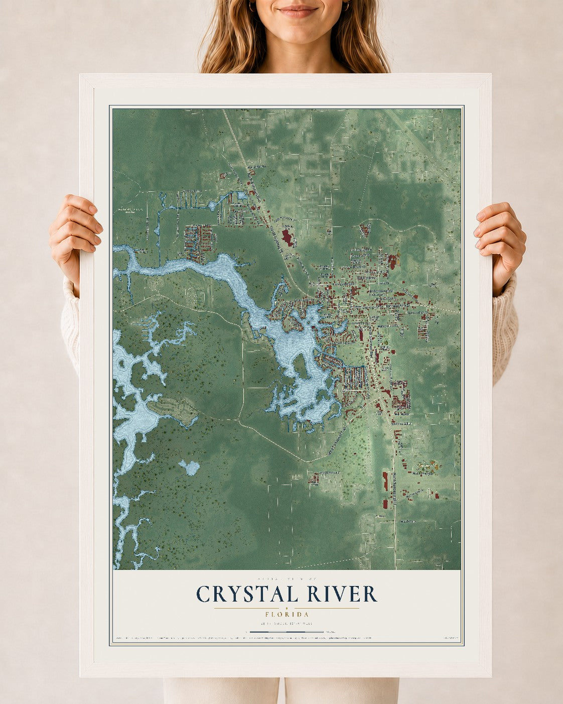 Crystal River, Florida map print, 24" x 36" W/ White Ayous Wood Frame mockup