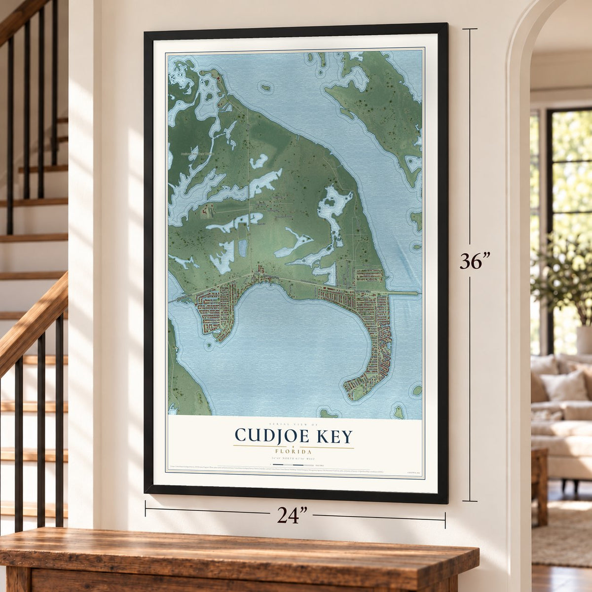 Cudjoe Key, Florida map, 24 x 36 inch print in a black frame by a staircase