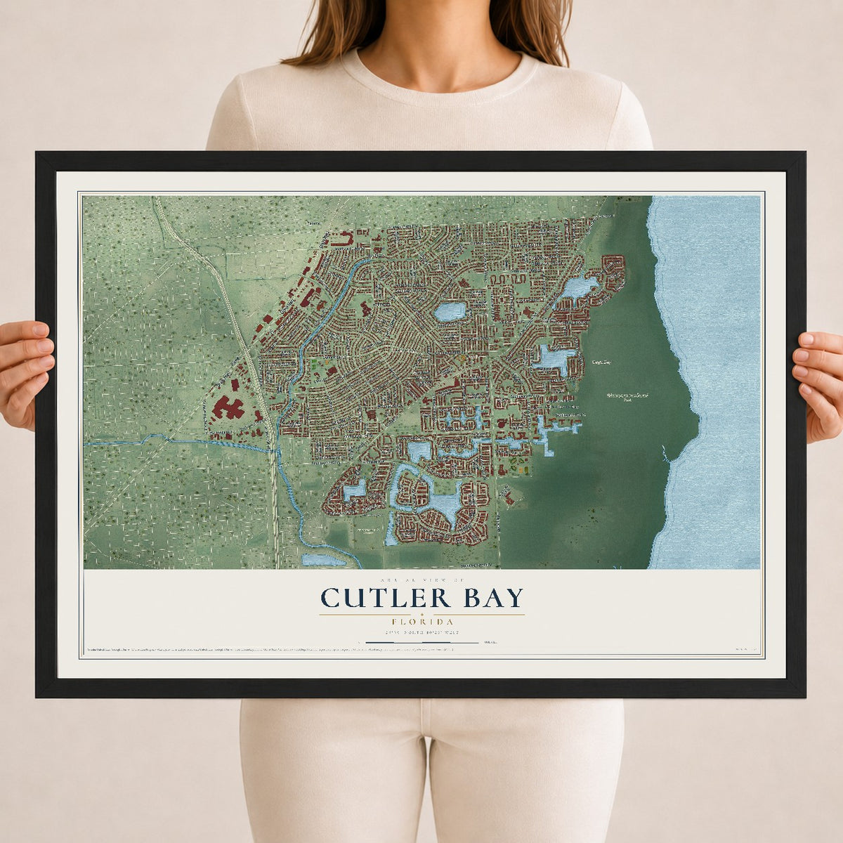 Cutler Bay, Florida map print, 18" x 24" W/ Black Ayous Wood Frame mockup