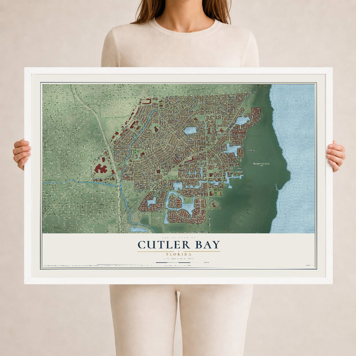 Cutler Bay, Florida map print, 24" x 36" W/ White Ayous Wood Frame mockup