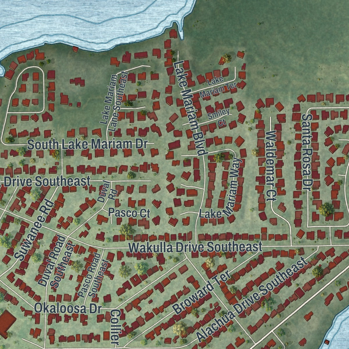 Close-up of the map of Cypress Gardens, Florida print showing street and building detail