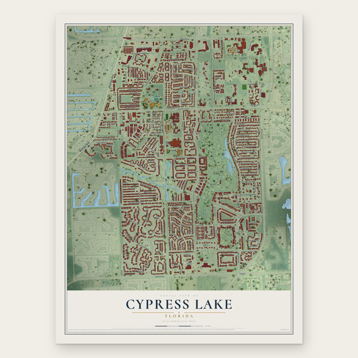 Cypress Lake, Florida map print, the full design