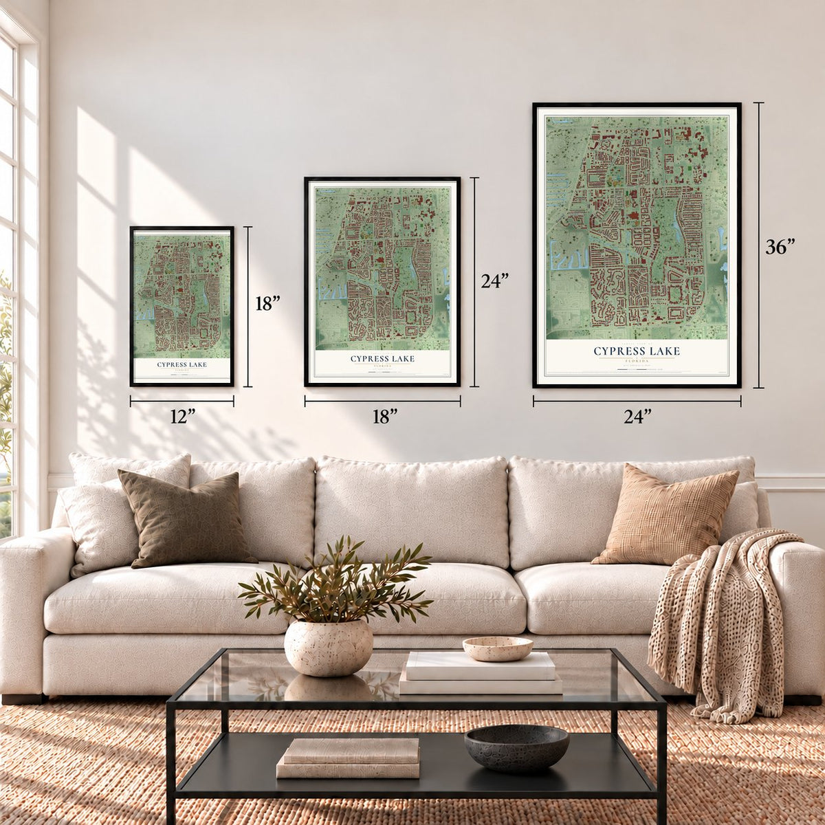 Cypress Lake, Florida map in 12 x 18, 18 x 24 and 24 x 36 inch sizes above a sofa