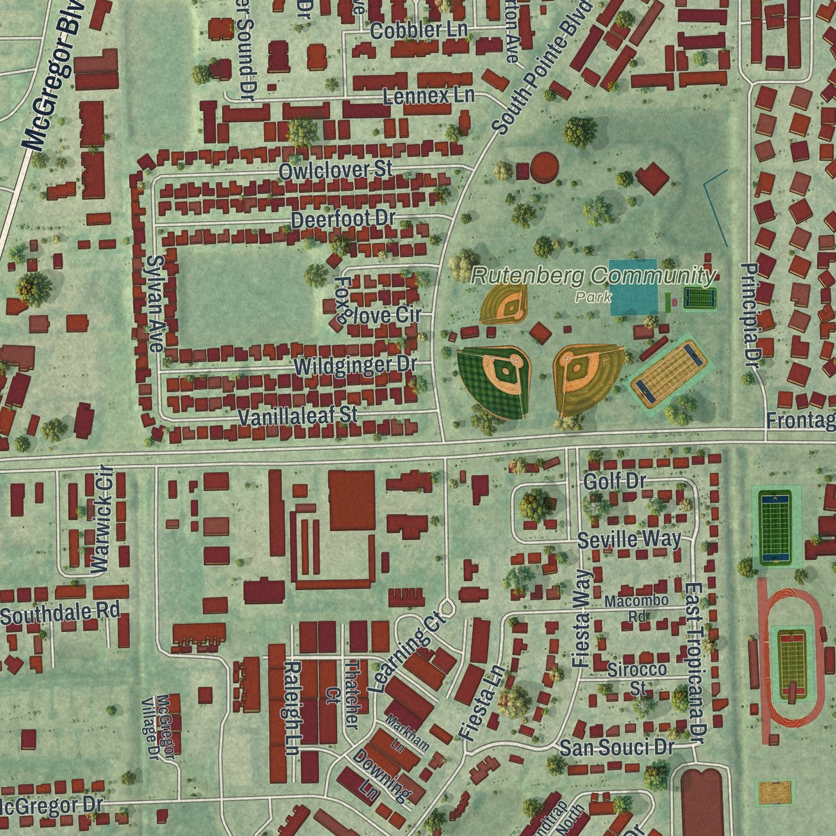 Close-up of the map of Cypress Lake, Florida print showing street and building detail