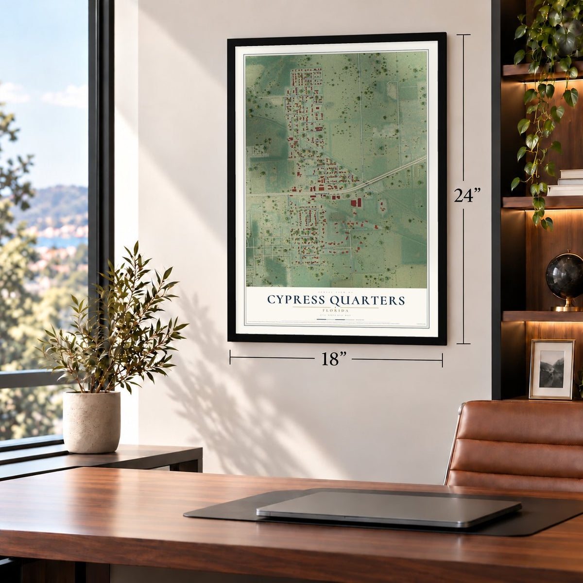 Cypress Quarters, Florida map, 18 x 24 inch print in a black frame in a home office