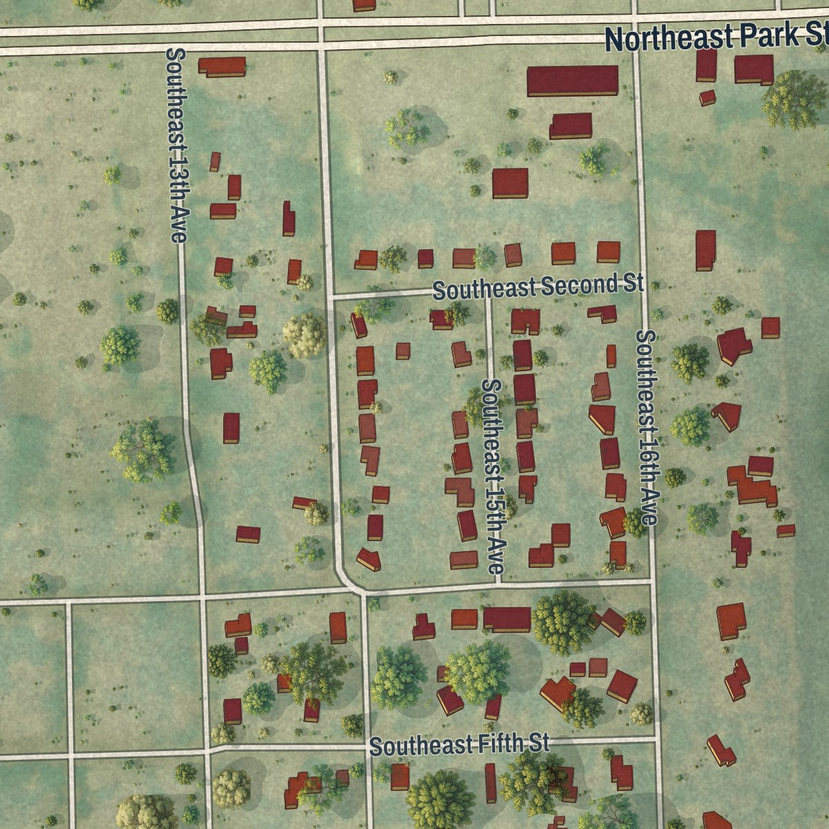 Close-up of the map of Cypress Quarters, Florida print showing street and building detail