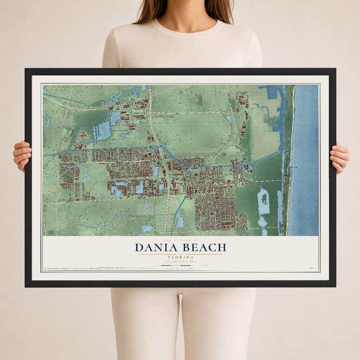 Dania Beach, Florida map print, 24" x 36" W/ Black Ayous Wood Frame mockup