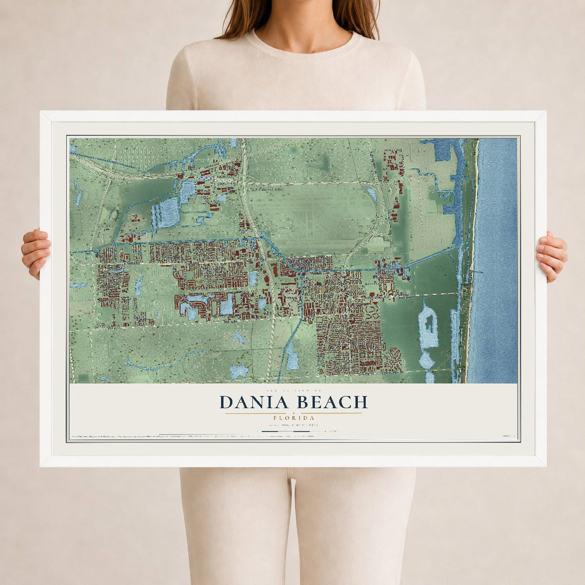 Dania Beach, Florida map print, 24" x 36" W/ White Ayous Wood Frame mockup