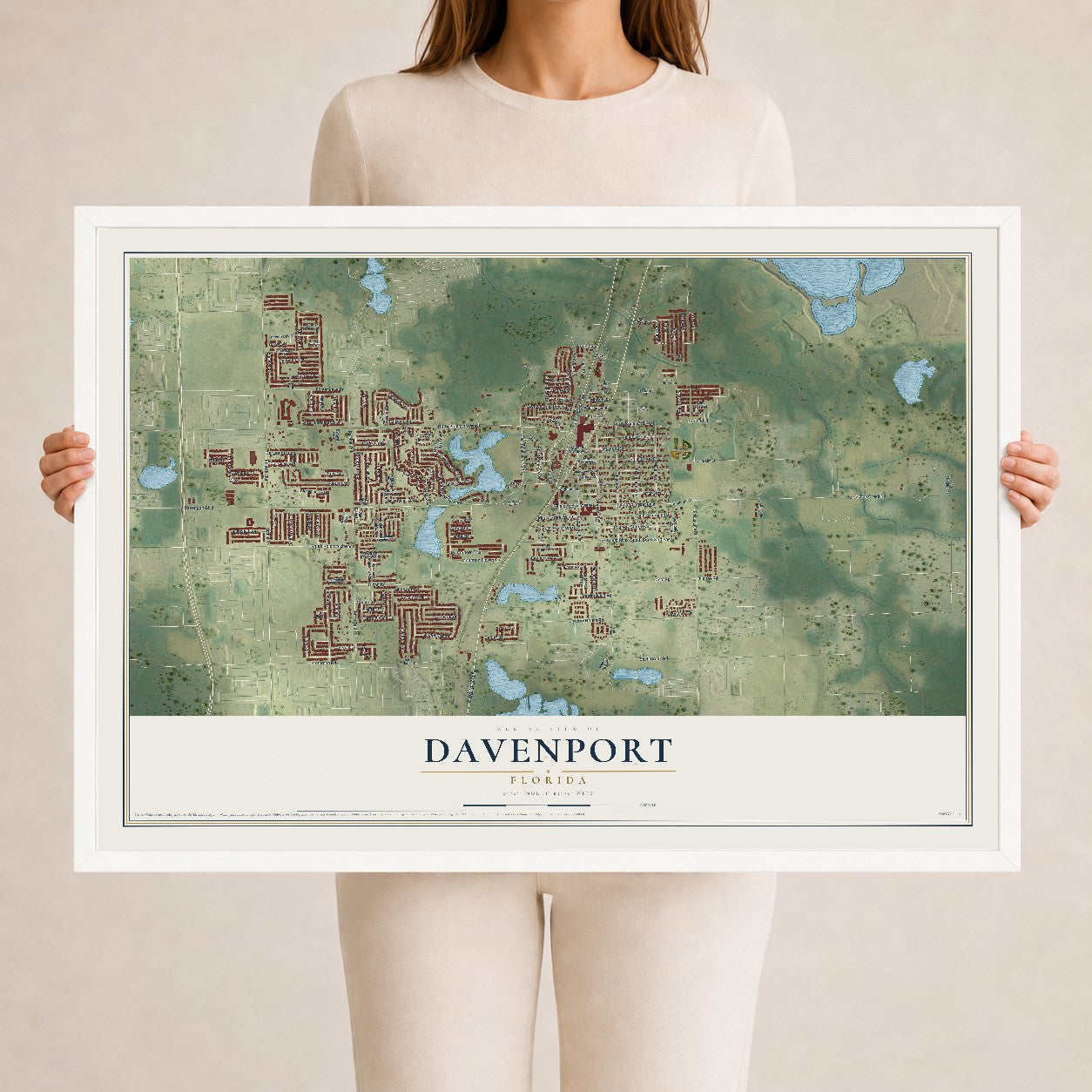 Davenport, Florida map print, 24" x 36" W/ White Ayous Wood Frame mockup