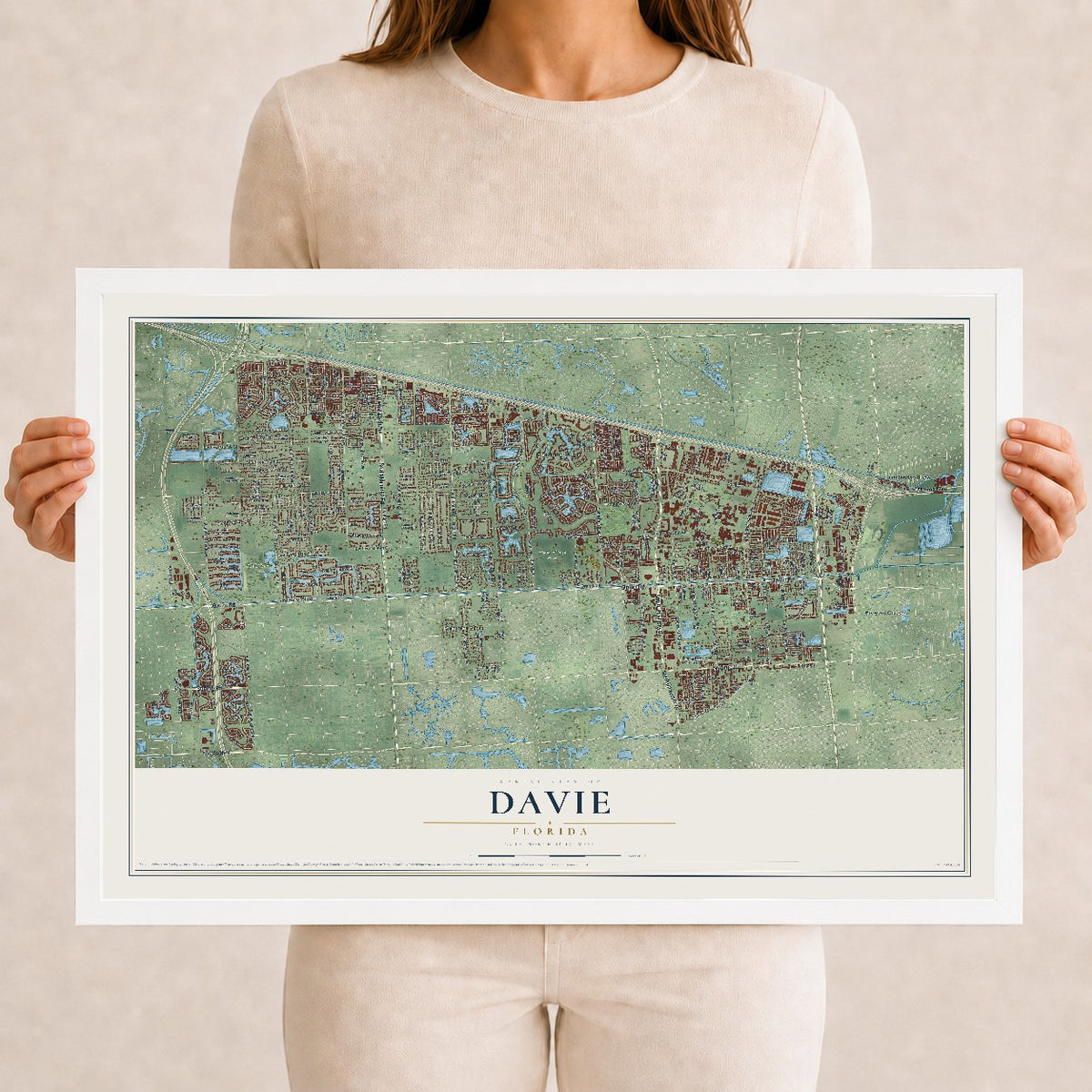 Davie, Florida map print, 12" x 18" W/ White Ayous Wood Frame mockup