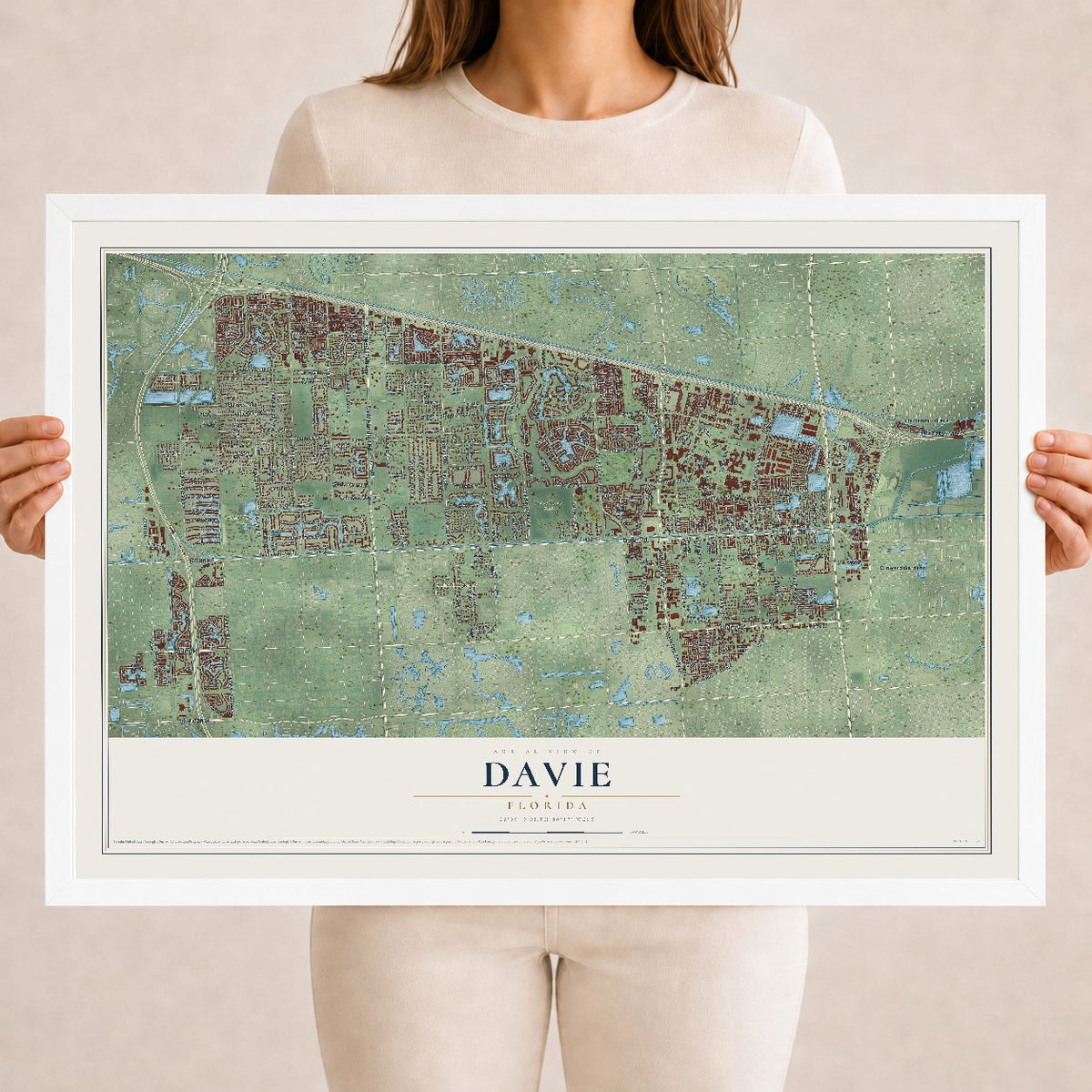 Davie, Florida map print, 18" x 24" W/ White Ayous Wood Frame mockup