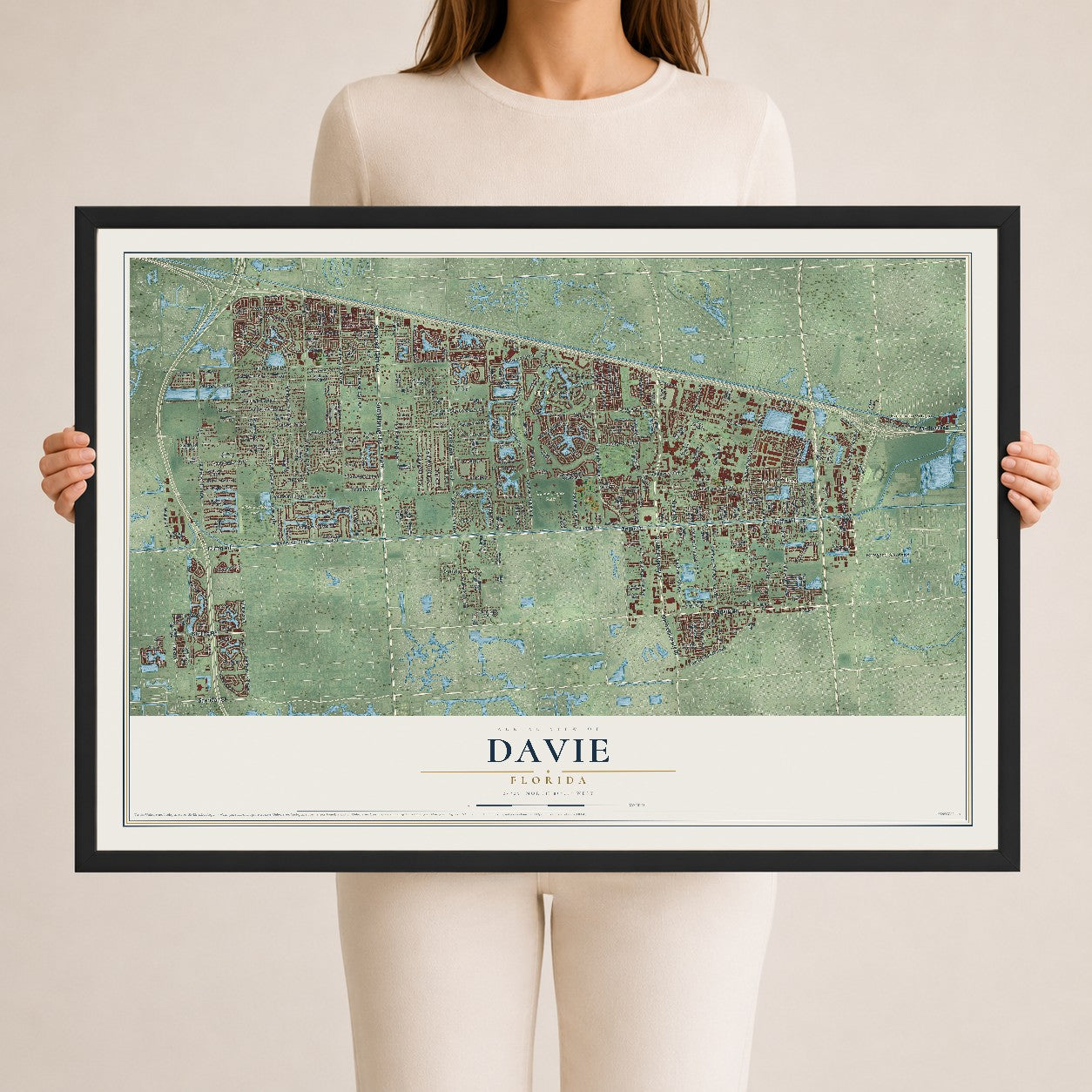 Davie, Florida map print, 24" x 36" W/ Black Ayous Wood Frame mockup