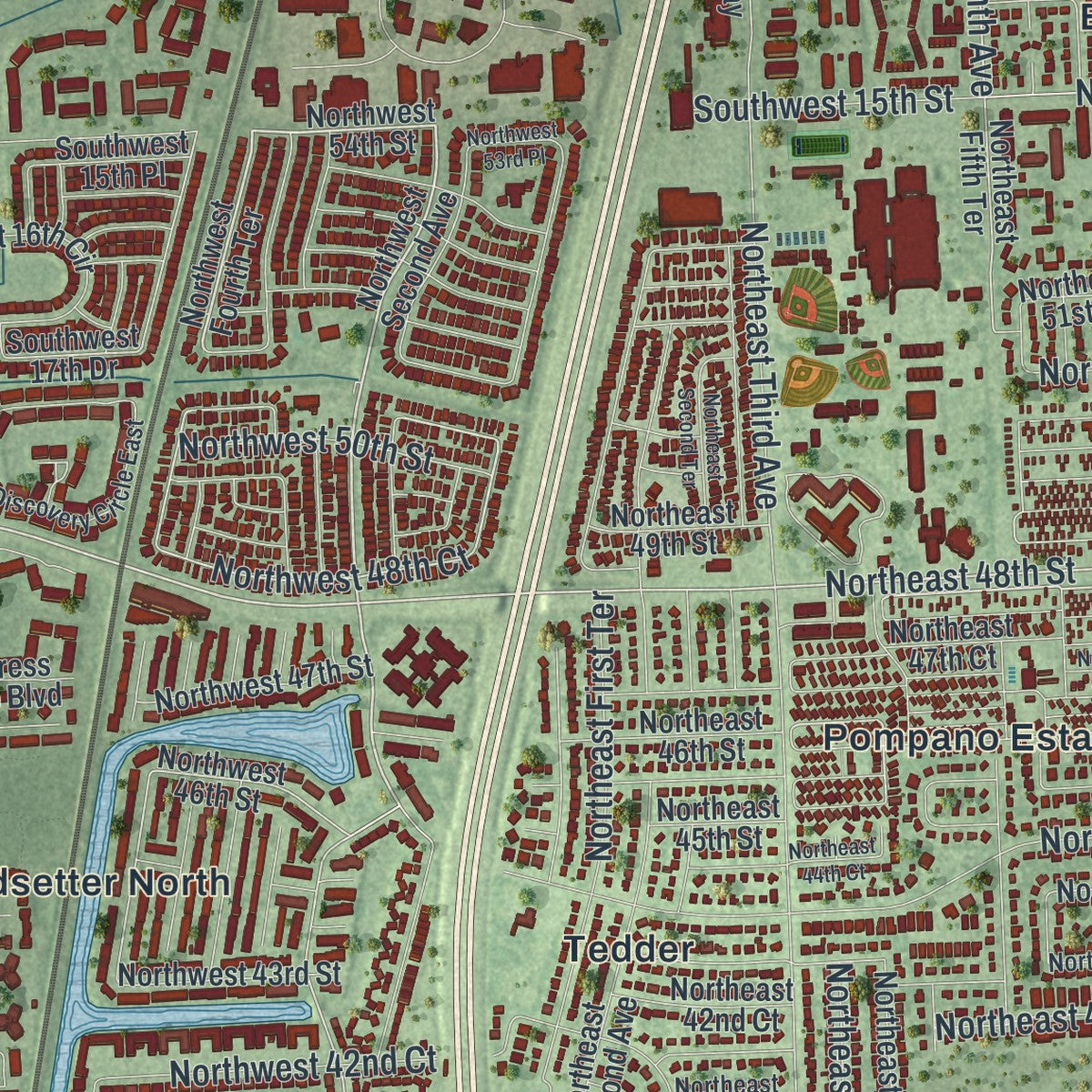 Close-up 1 of the Deerfield Beach, Florida map artwork