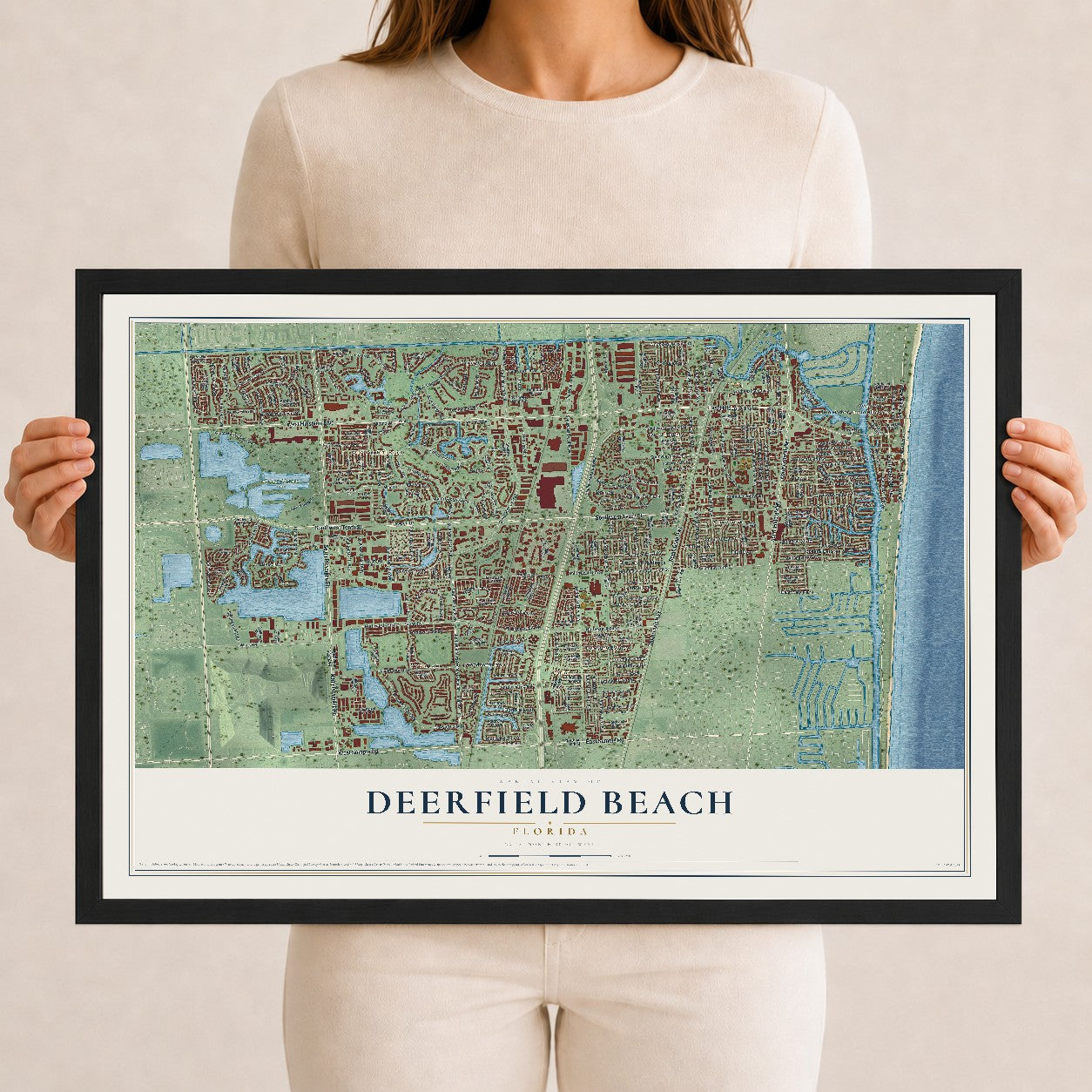 Deerfield Beach, Florida map print, 12" x 18" W/ Black Ayous Wood Frame mockup