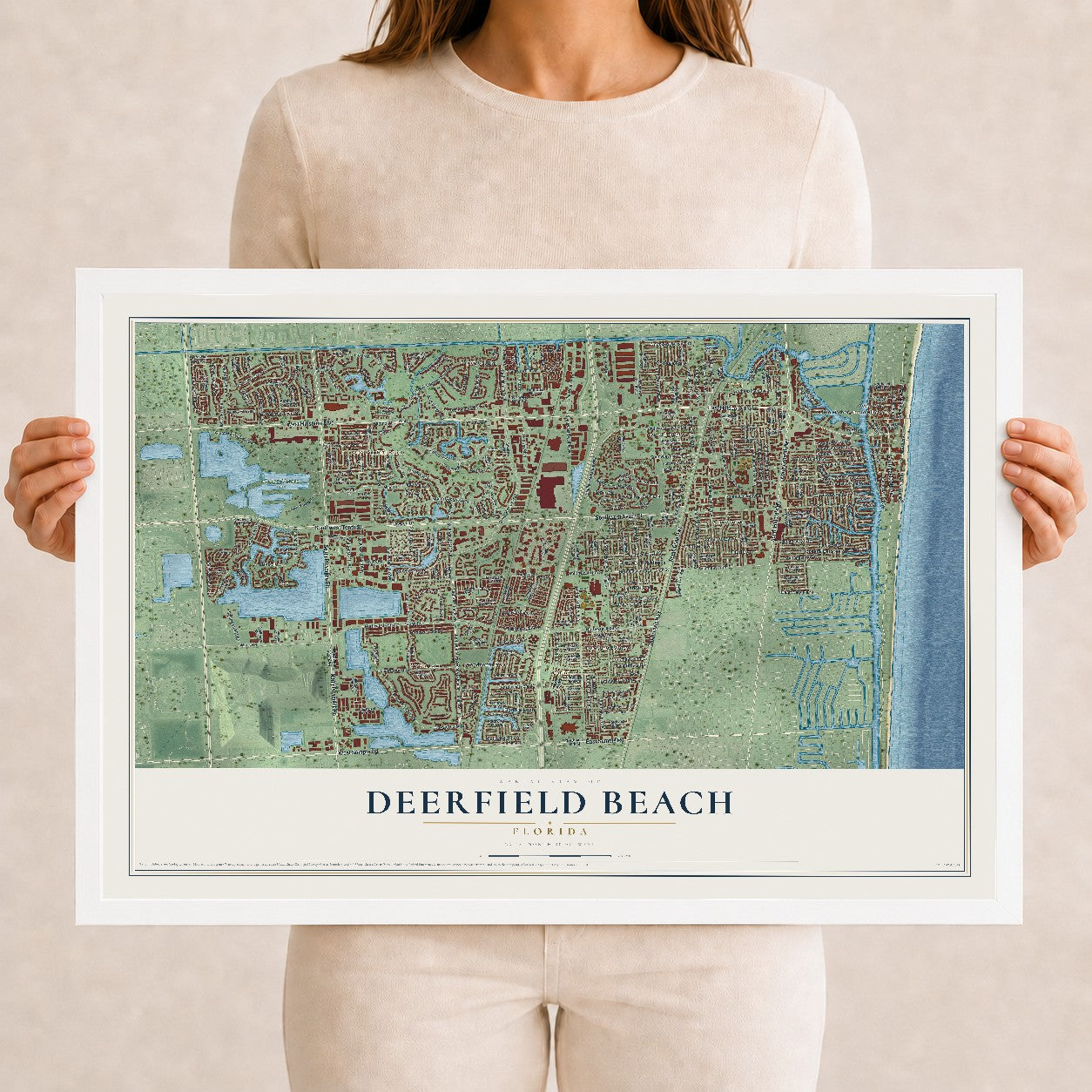 Deerfield Beach, Florida map print, 12" x 18" W/ White Ayous Wood Frame mockup
