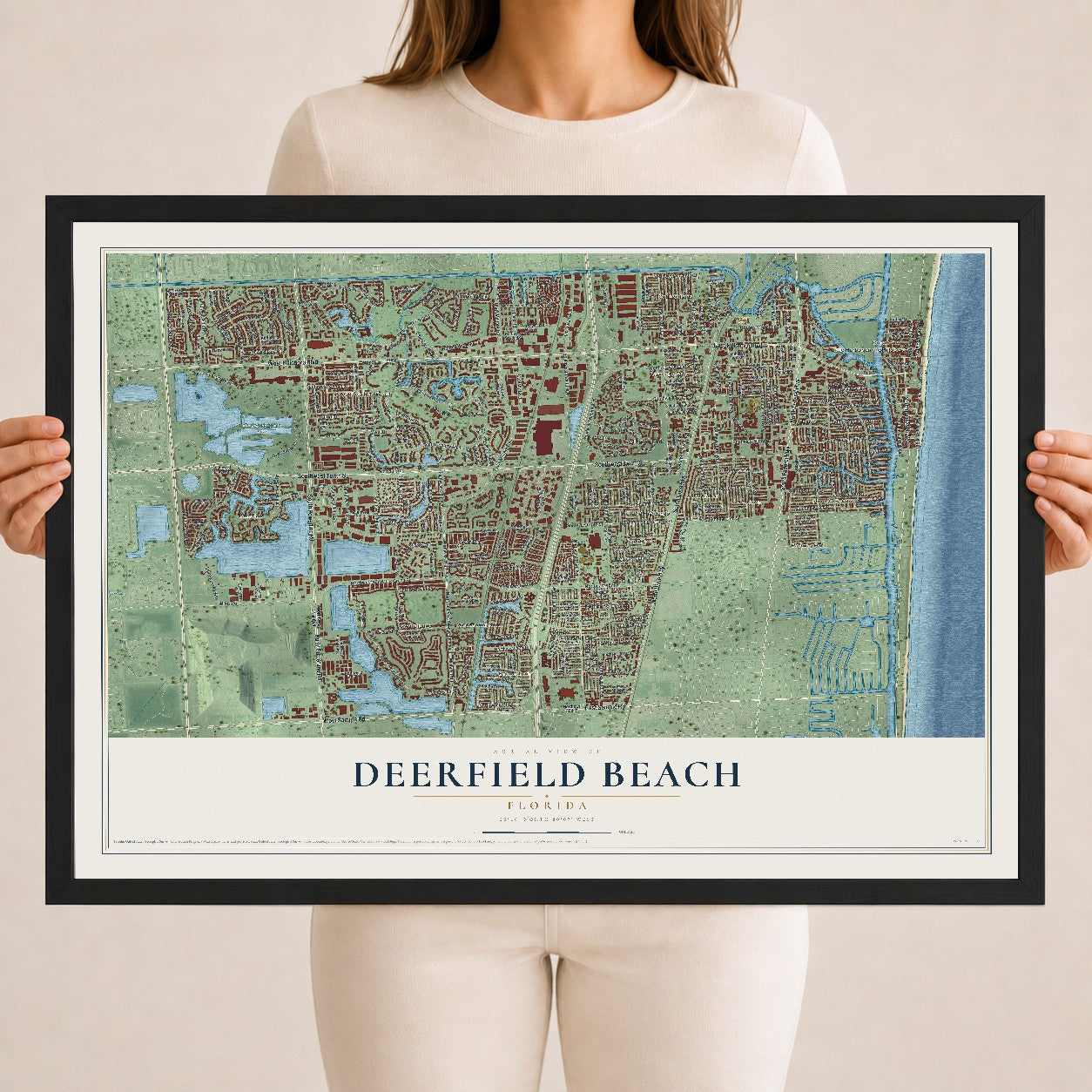 Deerfield Beach, Florida map print, 18" x 24" W/ Black Ayous Wood Frame mockup