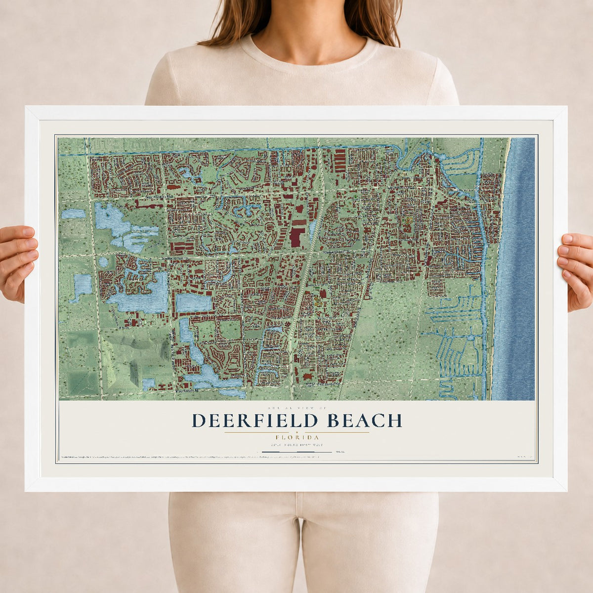 Deerfield Beach, Florida map print, 18" x 24" W/ White Ayous Wood Frame mockup