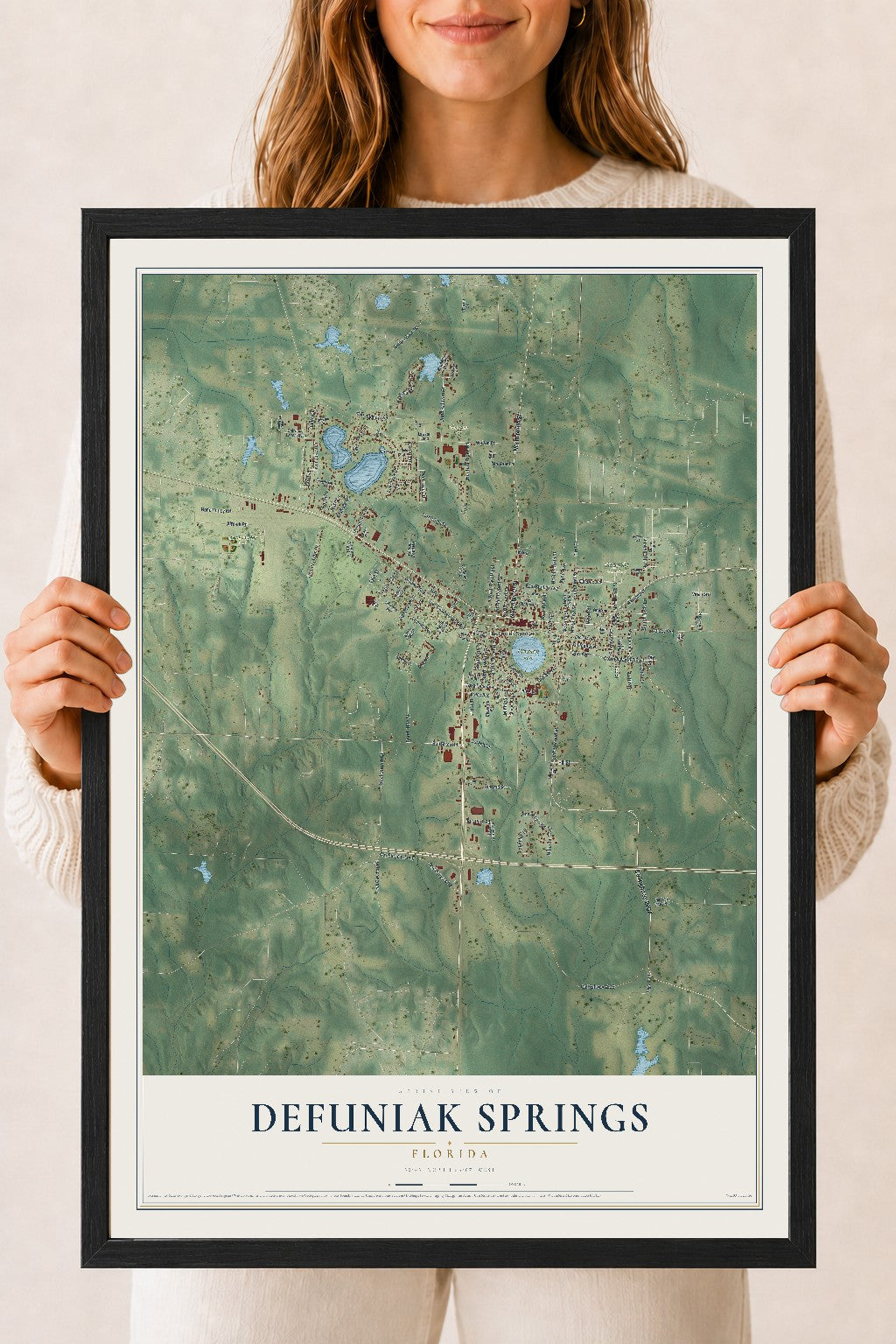 DeFuniak Springs, Florida map print, 18" x 24" W/ Black Ayous Wood Frame mockup